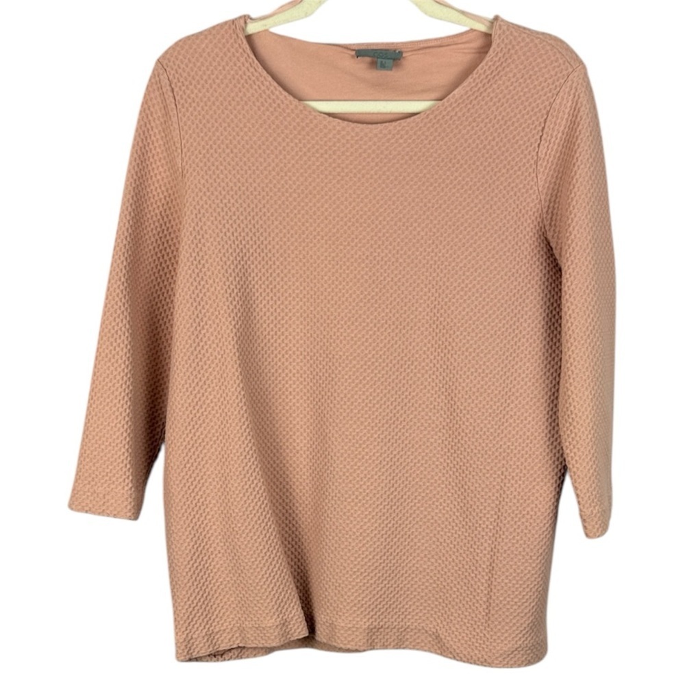 COS Cotton Blend Textured Waffle Knit 3/4 Sleeve Large Top in Dusty Rose/Mauve